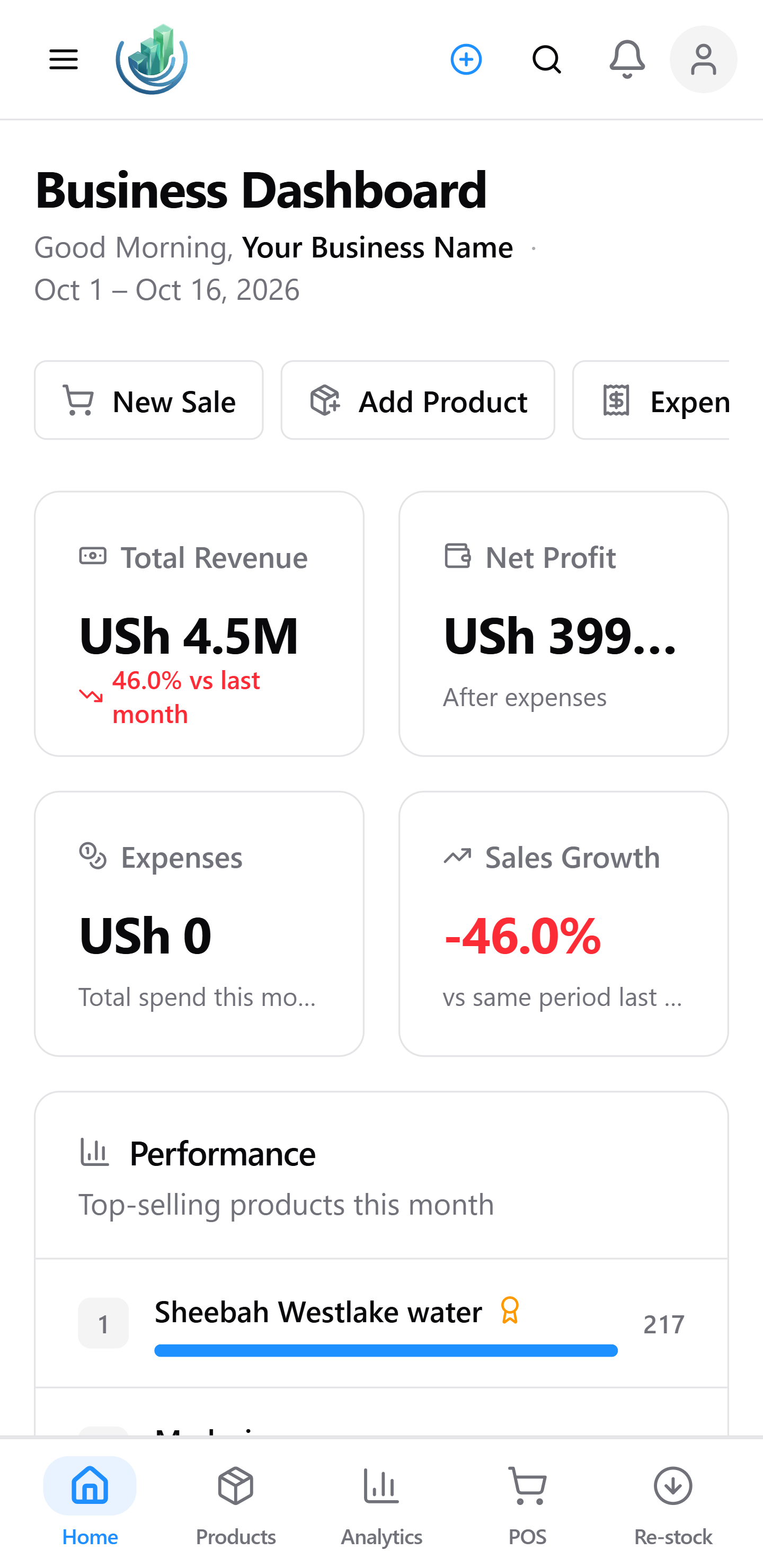 Stock-Nest mobile dashboard showing a business overview on a smaller screen