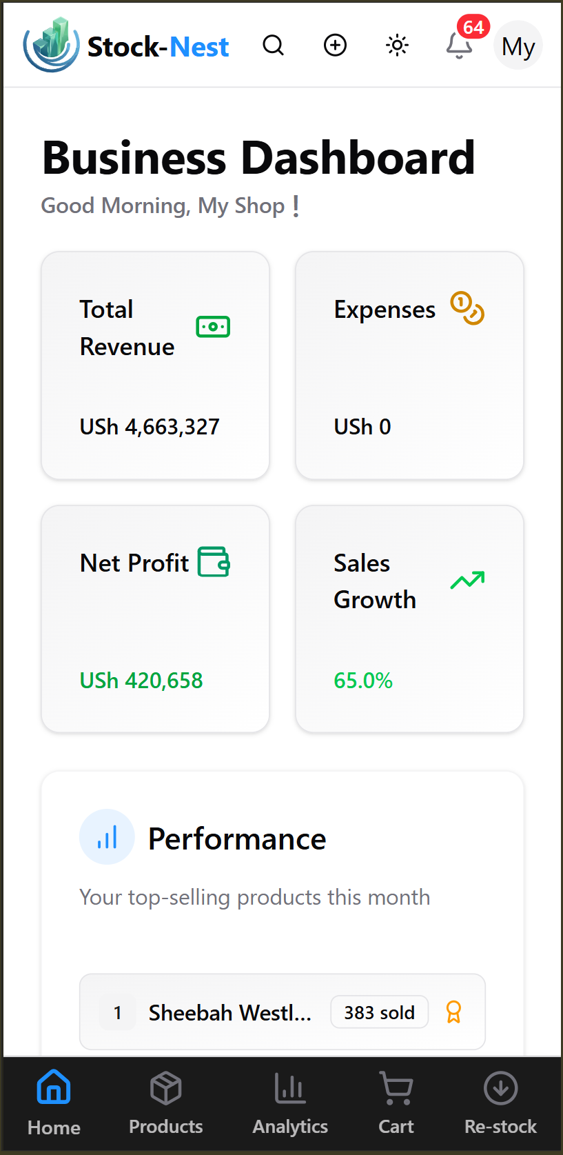 Stock-Nest running on a mobile phone — manage your business anywhere